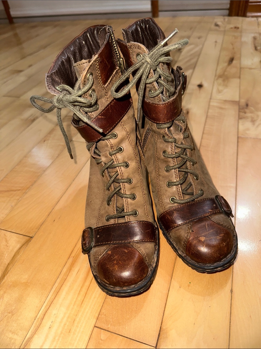 Born Brown Lace-Up Chunky Heel Ankle Boots with Strap Detail - Picture 2 of 12